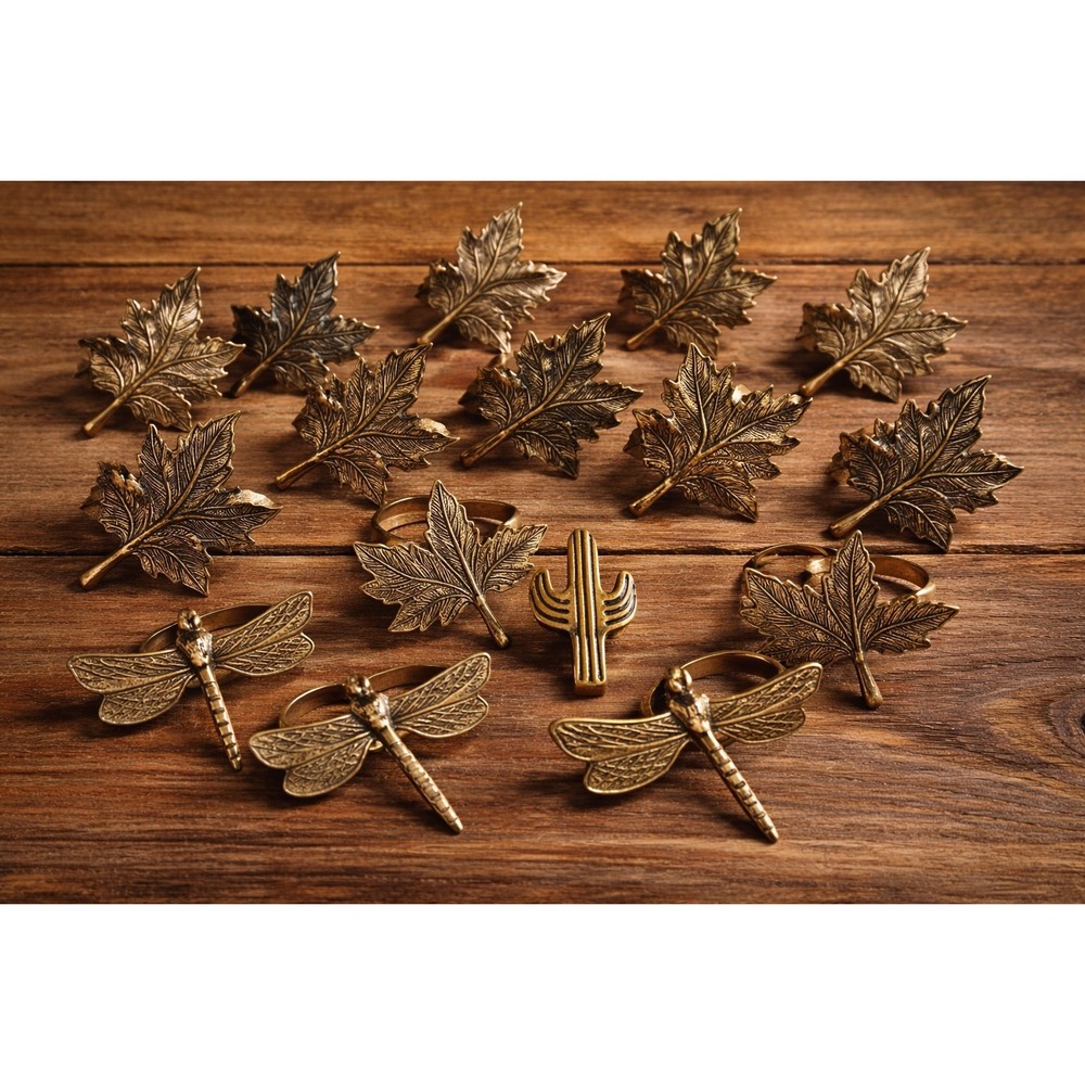 Vintage Brass Napkin Rings Nature Set Maple Leaf Dragonfly Cactus